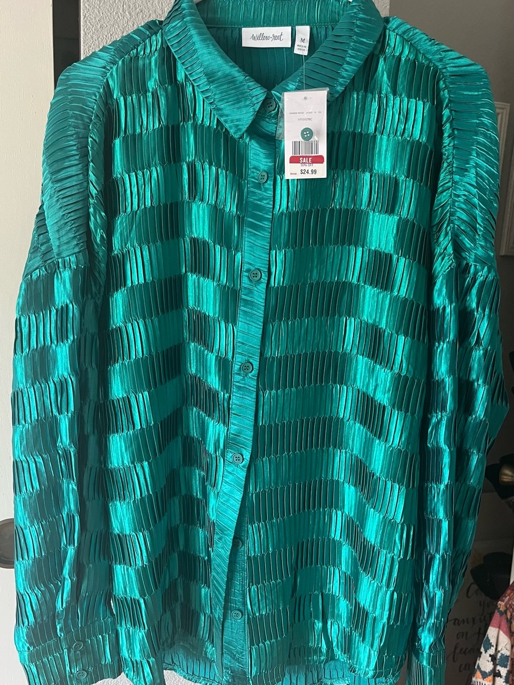 Willa-Scott Emerald Green Pleated Button-Front Blouse